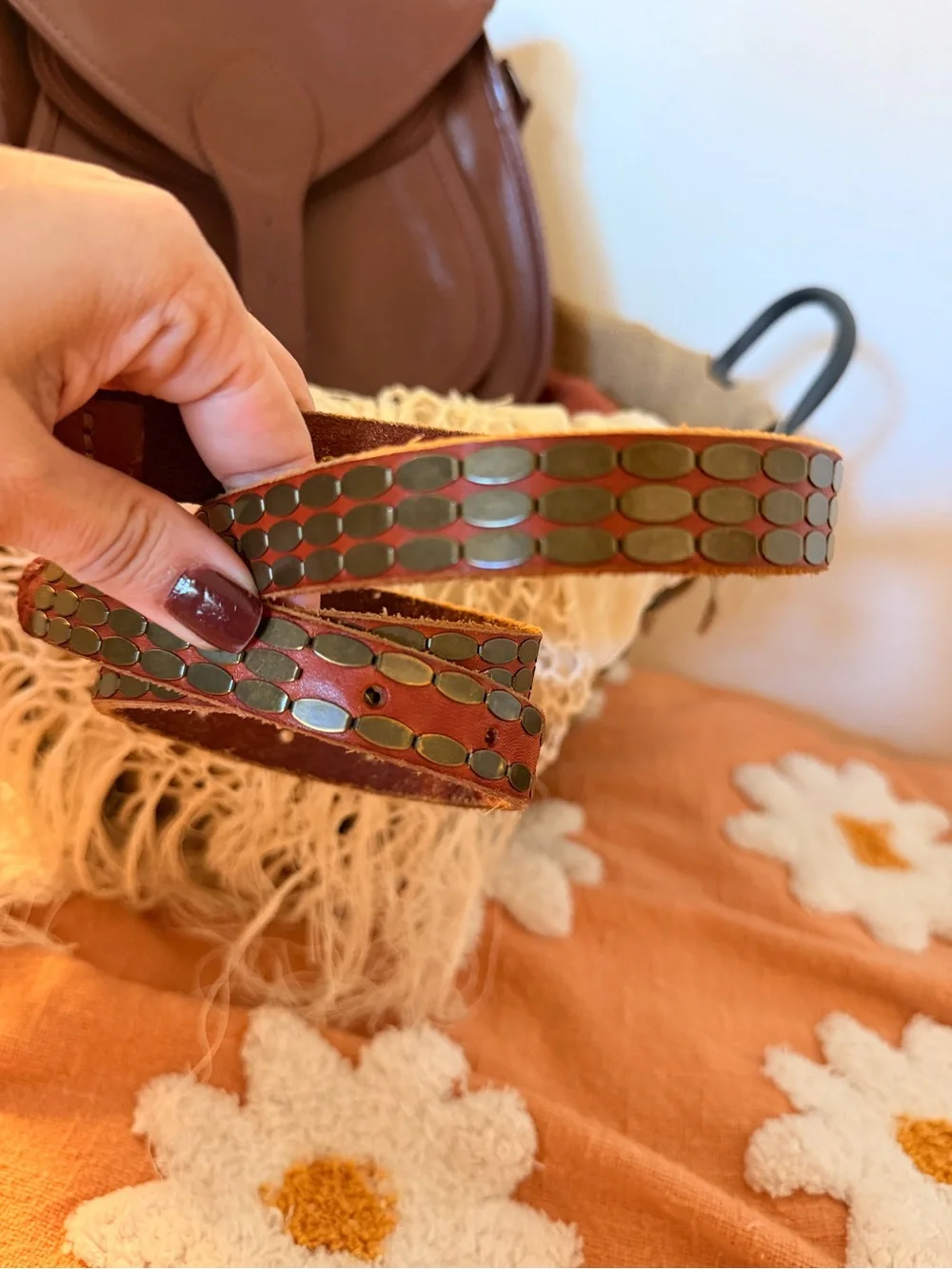 Women’s Rust Brown Leather Studded Belt